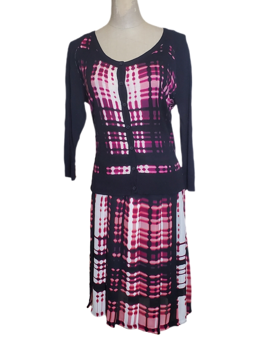 Worthington Black & Pink Plaid Two-Piece Set - Skirt & Cardigan